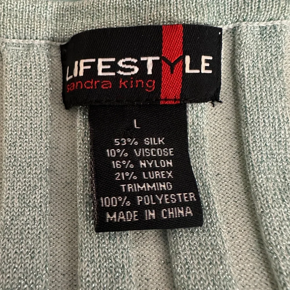 Y2K Lifestyle Sandra King Silk Blend Light Blue Ribbed Shimmer‎ Frilly Sweater
